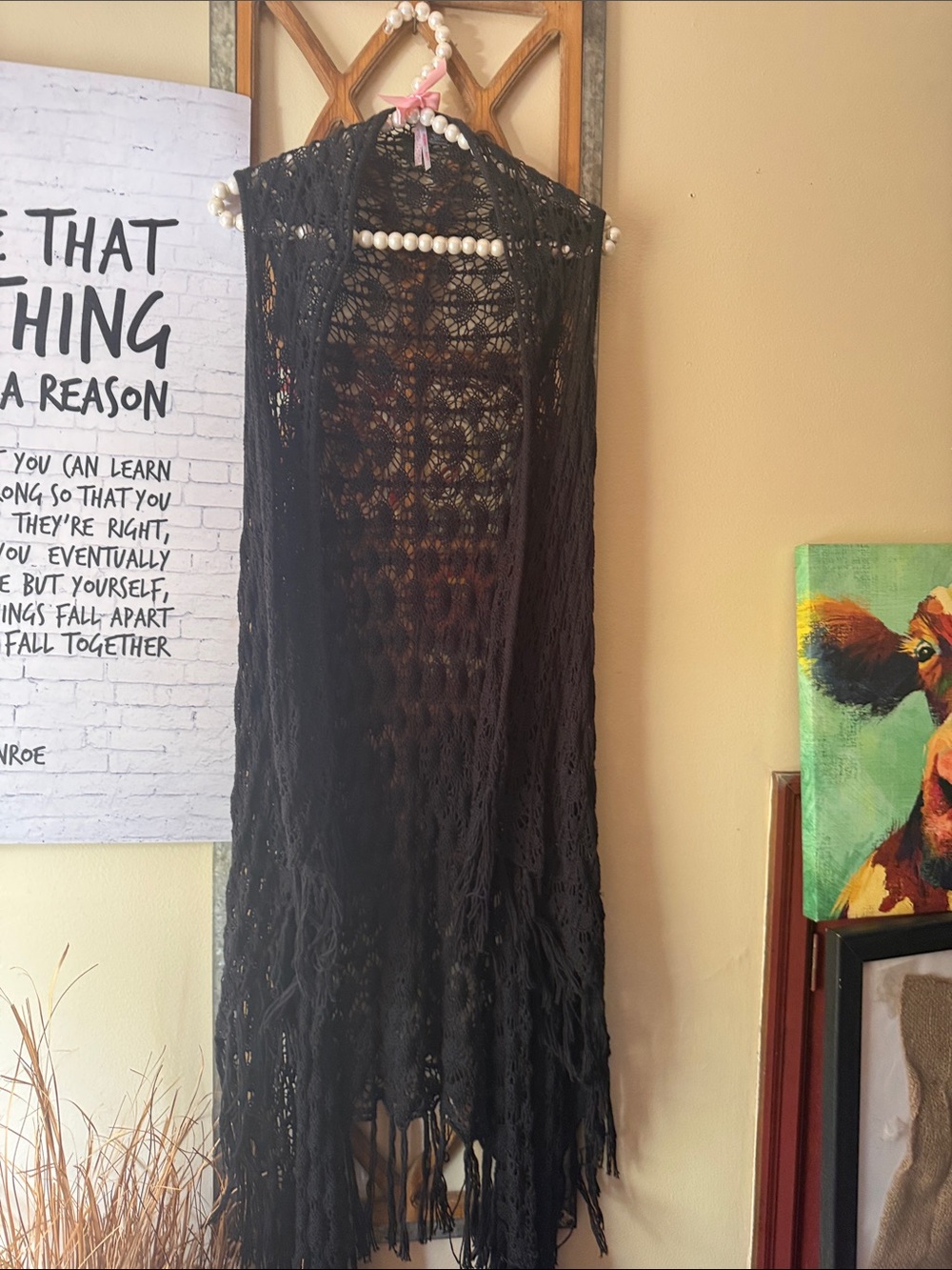 Love By Design Black Crochet Fringe Asymmetrical Cardigan Duster Vest